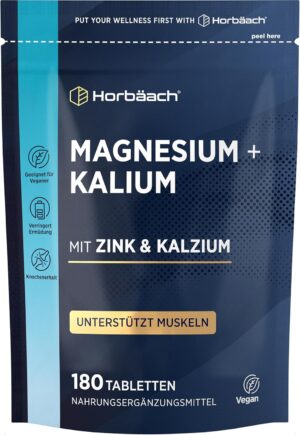 Magnesium Komplex mit B6 & Zink – Horbaach Magnesium Potassium Complex with Calcium Zinc, 6 Months Supply, 180 Vegan Tablets, High Dose, Base Powder Tablets