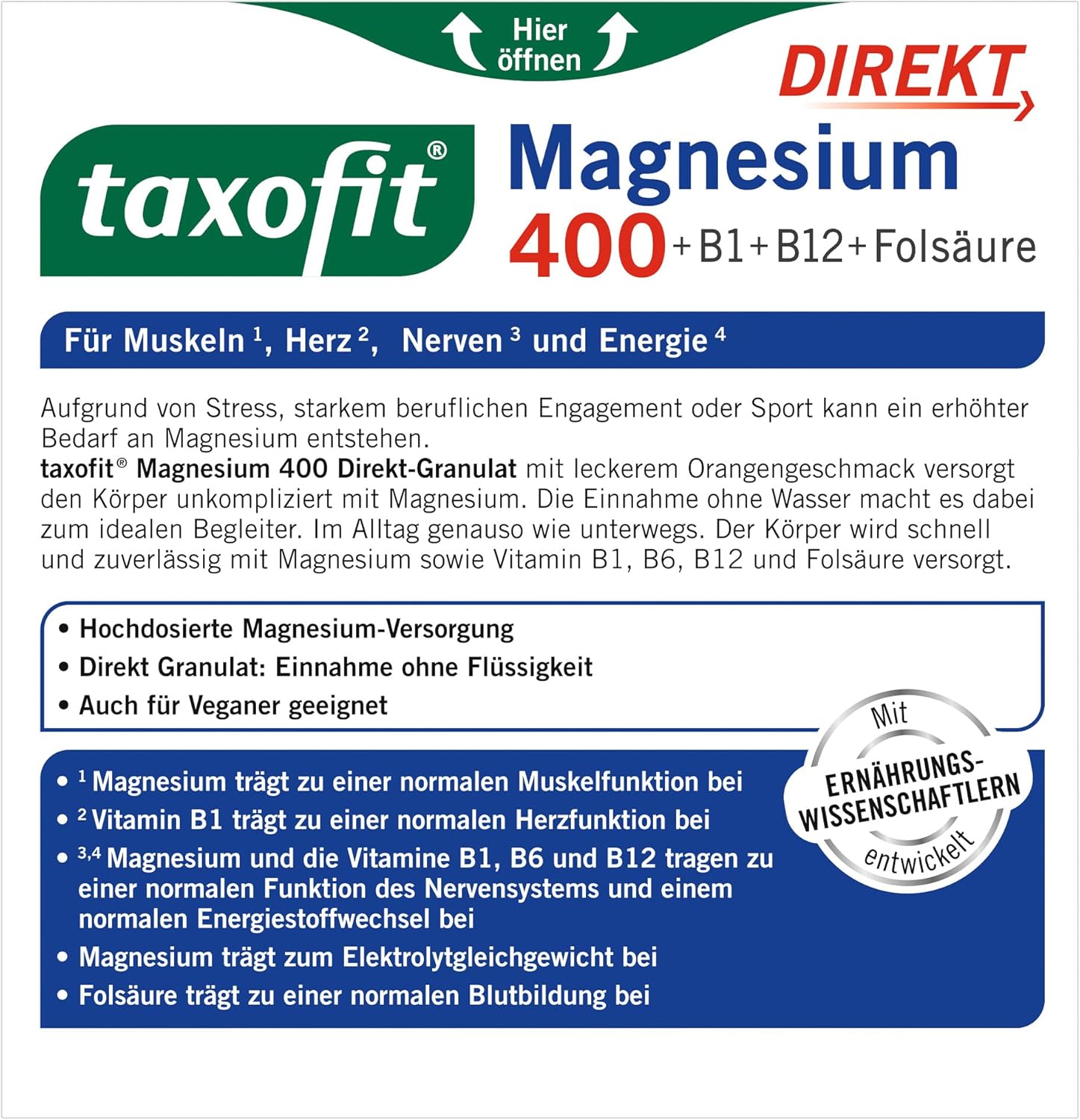Magnesium 400 mg – taxofit Magnesium 400 Direct Granules + B1 + B6 + B12 + Folic Acid 800 μg | 5 x 20 Portion Bags | High Dose Magnesium 400 mg Made of Magnesium Oxide for Muscles ¹, Heart² & Energy Metabolism³ – Bild 8