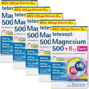 Schlaf-Magnesium mit Melatonin – Natürlich einschlafen & durchschlafen – tetesept Magnesium 500 + B12 Forte - 5 x 30 Tablets - High Dose - Magnesium and Vitamin B12 Combination Preparation with 2-Phase Depot - Dietary Supplement for Muscles, Nerves and Energy Metabolism