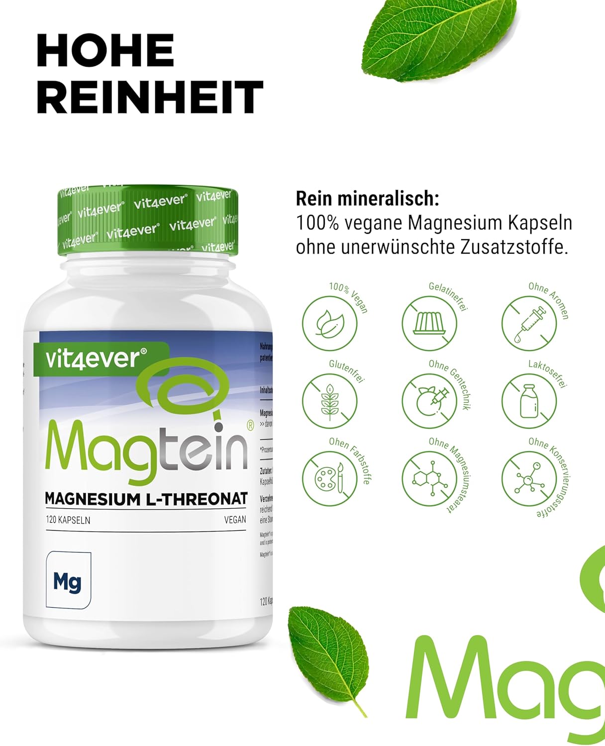 Magnesium Komplex mit B6 & Zink – Magtein Magnesium L-Threonate 120 Capsules - High Dose 2000 mg Pure Magnesium L-Threonate per Day - Vegan – Bild 2