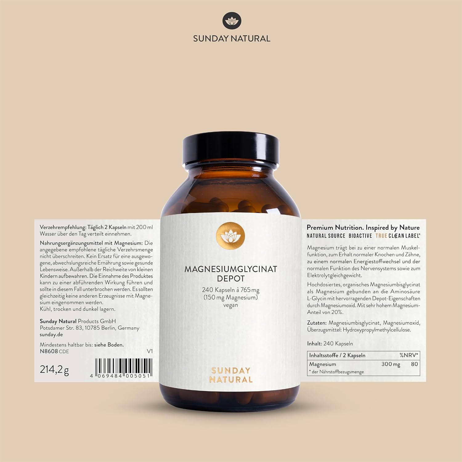 Schlaf-Magnesium mit Melatonin – Natürlich einschlafen & durchschlafen – SUNDAY NATURAL Magnesium Bisglycinate - 240 Capsules - 300 mg Pure Magnesium per Daily Dose, High Dose - Depot Magnesium Glycinate as Organic Amino Acid Chelate - Laboratory Tested, Vegan – Bild 6