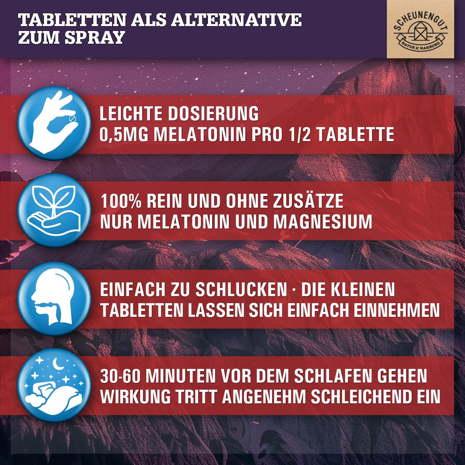 Schlaf-Magnesium mit Melatonin – Natürlich einschlafen & durchschlafen – Melatonin Tablets, 365 Pieces, 0.5 mg per 1/2 Tablet, Important: 0.5 mg Bioactive Melatonin, High Dose, 1/2 Tablet each, Optimal Sleep Complex, Laboratory Tested and Vegan DE SCHEUNENGUT® – Bild 3