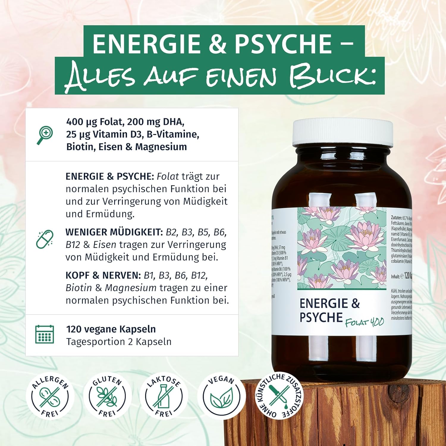Magnesium Komplex mit B6 & Zink – Folic Acid & B Vitamins with DHA, Magnesium & Iron, 120 Capsules – Bild 3