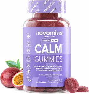 Magnesium Komplex mit B6 & Zink – Calm Gummis mit Magnesiumglycinat – Mit Ashwagandha, Glycin, Zitronenmelisse, Kamille, Vitamin B12 & Jod – Zur Beruhigung & mentalen Balance – 60 Stück – Novomins