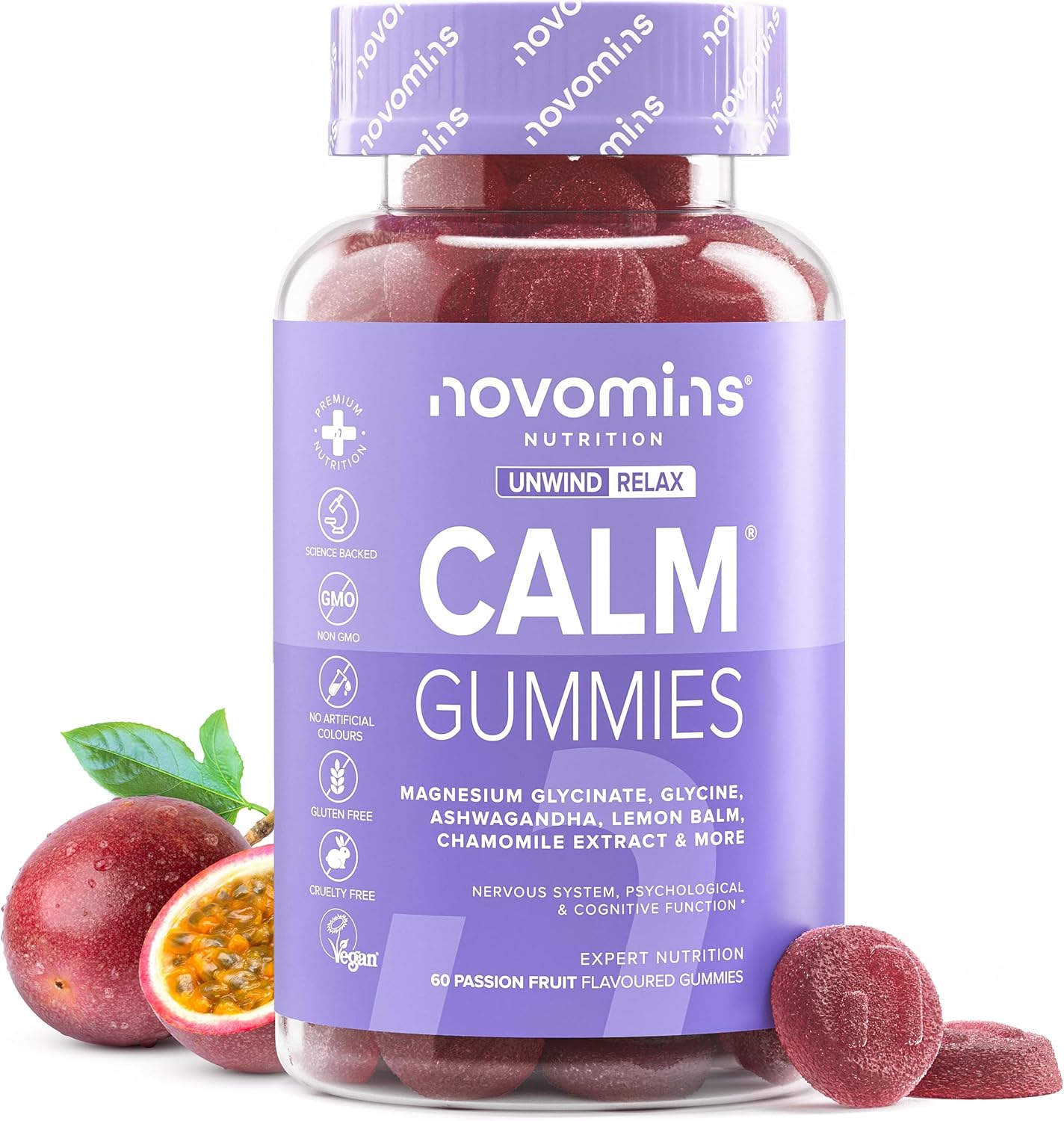 Magnesium Komplex mit B6 & Zink – Calm Gummis mit Magnesiumglycinat – Mit Ashwagandha, Glycin, Zitronenmelisse, Kamille, Vitamin B12 & Jod – Zur Beruhigung & mentalen Balance – 60 Stück – Novomins