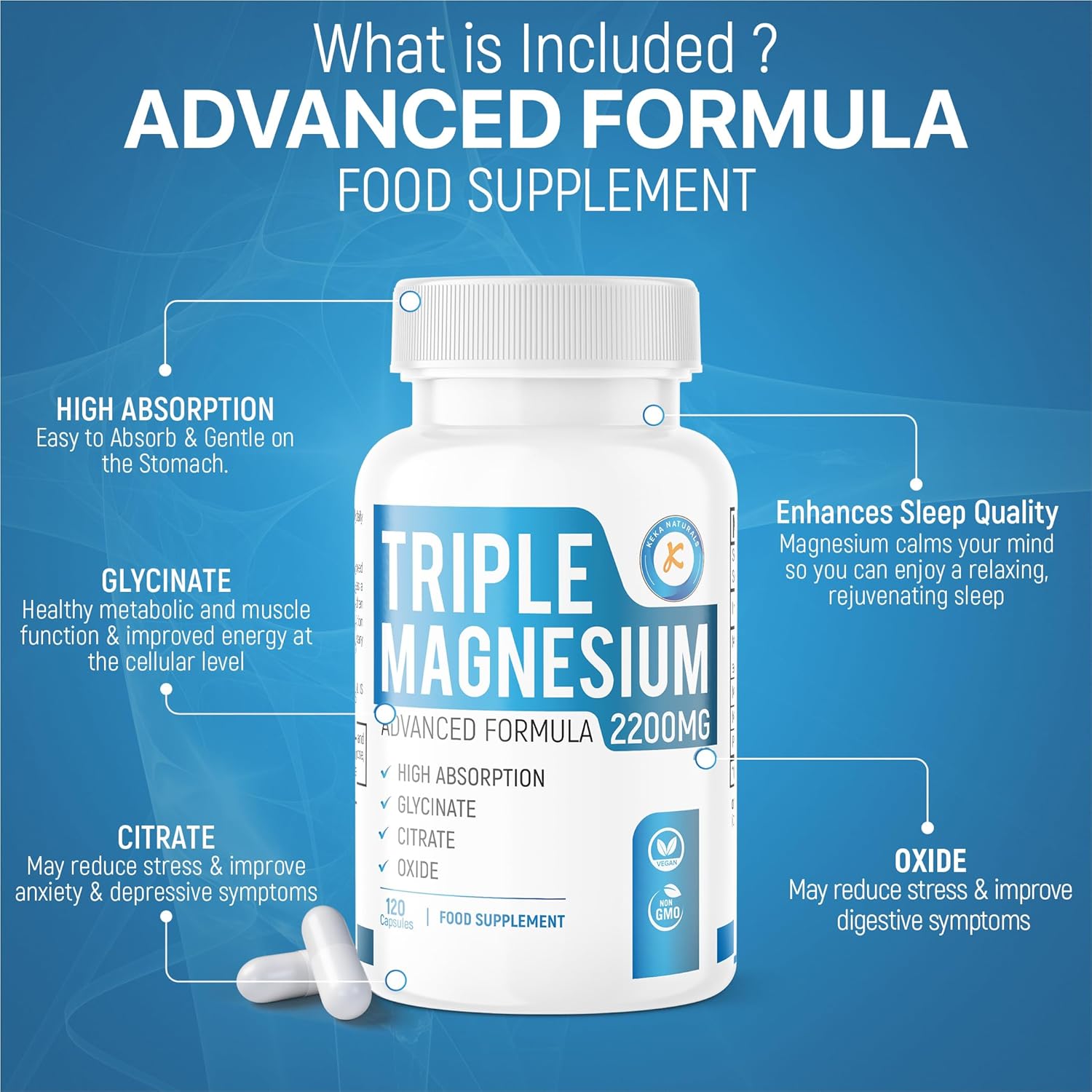 Magnesium 600 mg – Magnesium Complex with Glycinate, Citrate & Oxide, 494 mg, Elemental Magnesium, Sleep & Relaxation, Highly Bioavailable, Vegan, Gluten Free, 60 Capsules, No Additives – Bild 5