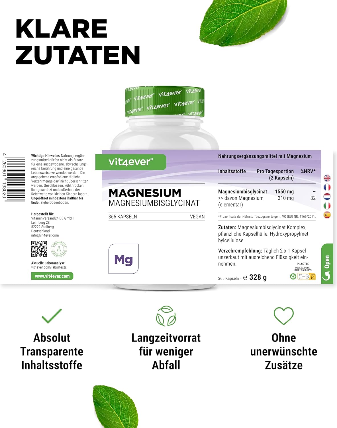 Schlaf-Magnesium mit Melatonin – Natürlich einschlafen & durchschlafen – Magnesium Bisglycinate - 365 Capsules - Premium: Chelated Magnesium - 155 mg Elementary Magnesium per Capsule - Laboratory Tested - Vegan - High Dose – Bild 5