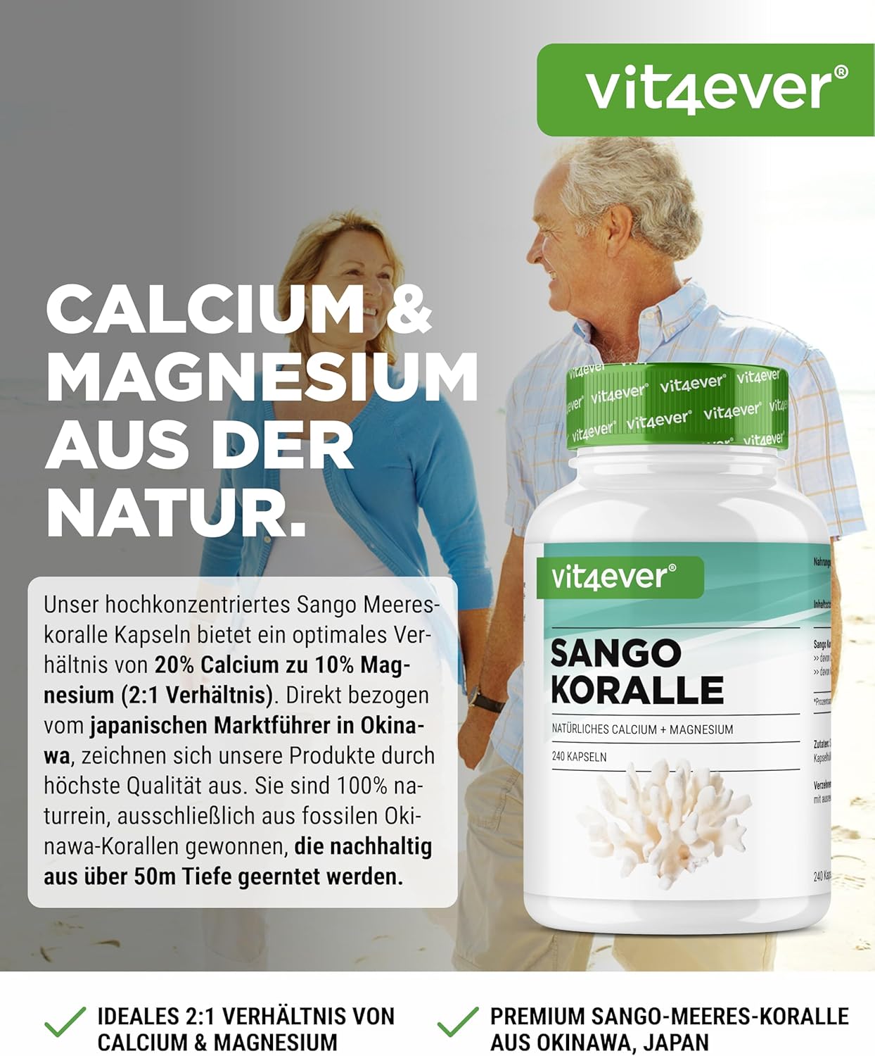 Magnesium 600 mg – Sango Sea Coral - 240 Capsules (3 Months) - 660 mg Calcium & 330 mg Magnesium - Natural Calcium and Magnesium Source - High Dose – Bild 2