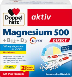 Magnesium 600 mg – Doppelherz Magnesium 500 + B12 + D3 Direct with Depot Function - Magnesium as a Contribution to the Normal Function of Muscles and Nervous System - 60 Servings of Micro Pellets with Lemon Flavour