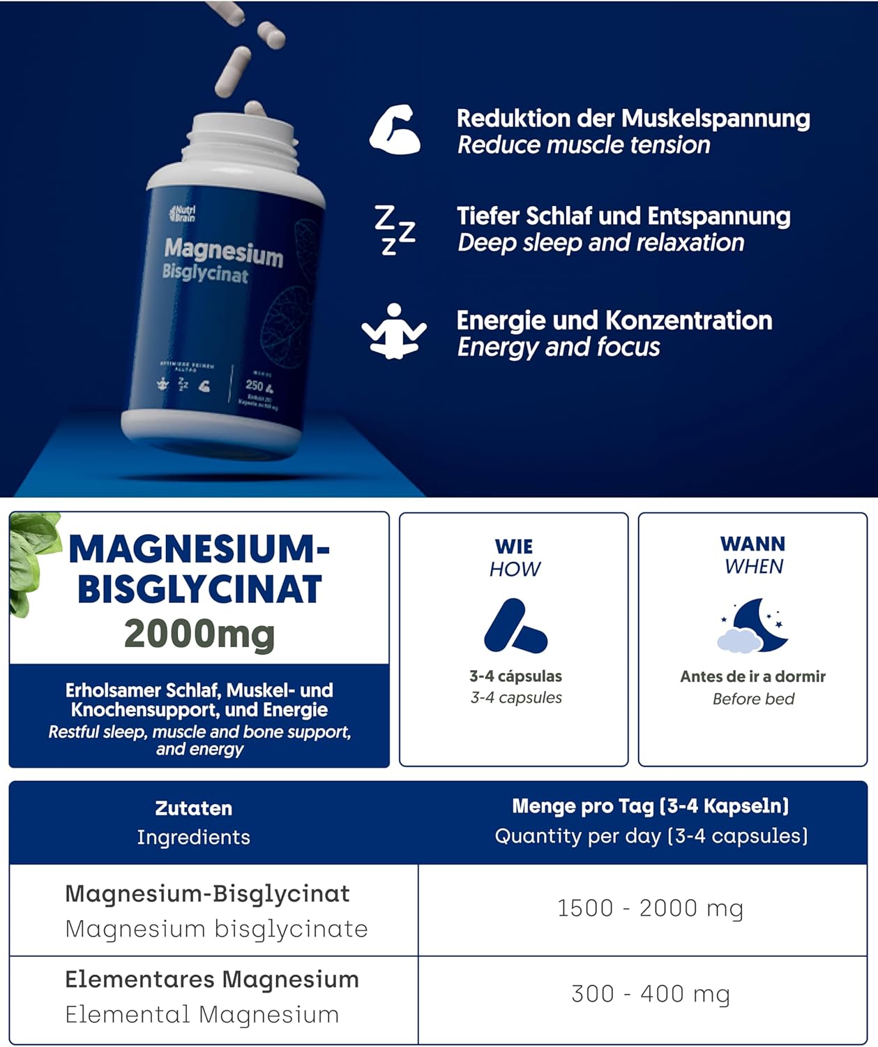 Magnesium 600 mg – Magnesium Bisglycinate 2000 mg - High Dose, 250 Capsules | Premium: Chelated Magnesium with High Bioavailability for Restful Sleep, Energy, Bones and Muscles, Concentration – Bild 6