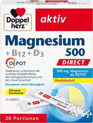 Schlaf-Magnesium mit Melatonin – Natürlich einschlafen & durchschlafen – Doppelherz Direct Depot Magnesium 500 + B12 + D3, Magnesium for Maintaining Muscles and the Nervous System, 1x Pack of 20 Portions