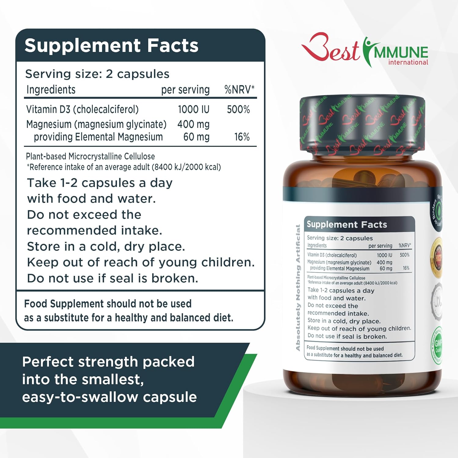 Magnesium 400 mg – Magnesium Glycinate 400 mg + Vitamin D3 1000 IU 100 Vegetarian Capsules – Bild 2