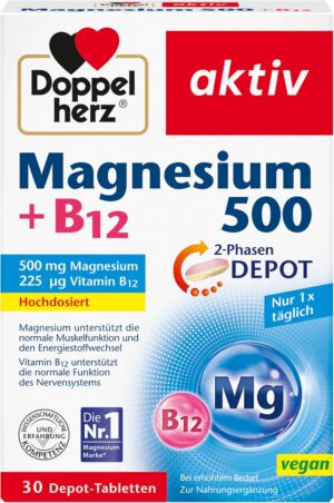 Schlaf-Magnesium mit Melatonin – Natürlich einschlafen & durchschlafen – Doppelherz Magnesium 500 + B12 2-Phase - High Dose with 500 mg Magnesium per Depot Tablet - 30 Tablets