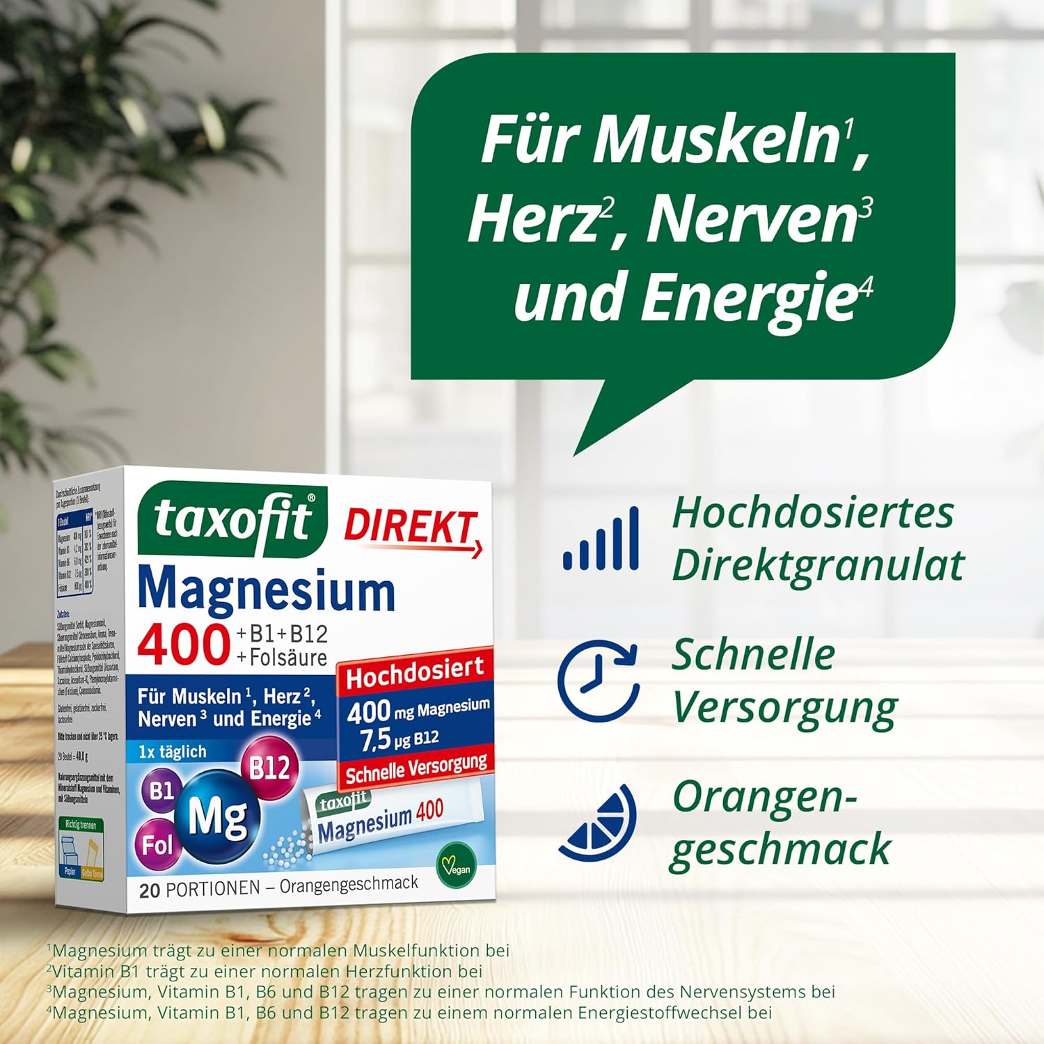 Magnesium 400 mg – taxofit Magnesium 400 Direct Granules + B1 + B6 + B12 + Folic Acid 800 μg | 5 x 20 Portion Bags | High Dose Magnesium 400 mg Made of Magnesium Oxide for Muscles ¹, Heart² & Energy Metabolism³ – Bild 2