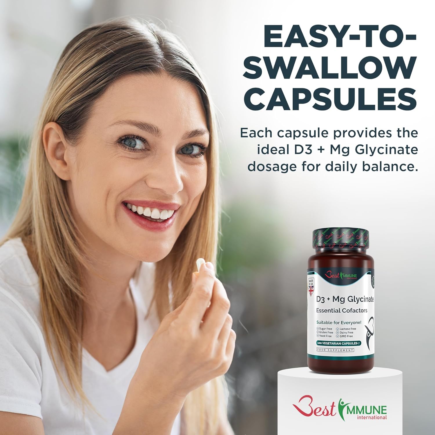 Magnesium 400 mg – Magnesium Glycinate 400 mg + Vitamin D3 1000 IU 100 Vegetarian Capsules – Bild 7