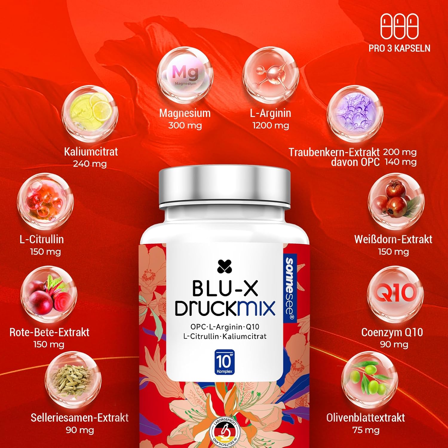Magnesium Komplex mit B6 & Zink – 10-fold formula blood pressure complex 120 vegan capsules high dose with L-arginine, L-citrulline, potassium, OPC coenzyme Q10 & magnesium - laboratory tested – Bild 2