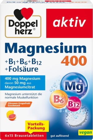 Magnesium Komplex mit B6 & Zink – Doppelherz Magnesium 400 + B1 + B6 + B12 + Folic Acid - Magnesium as a Contribution to Normal Muscle Function - 6 x 15 Effervescent Tablets (Value Pack)