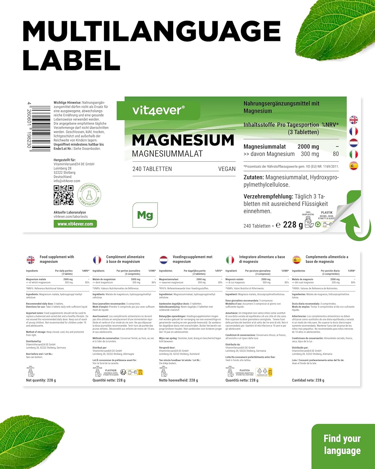 Magnesium 600 mg – Magnesium Malate - 240 Tablets with 2000 mg Magnesium Malate per Daily Serving - High Bioavailability & High Dose - No Unwanted Additives - Vegan – Bild 6