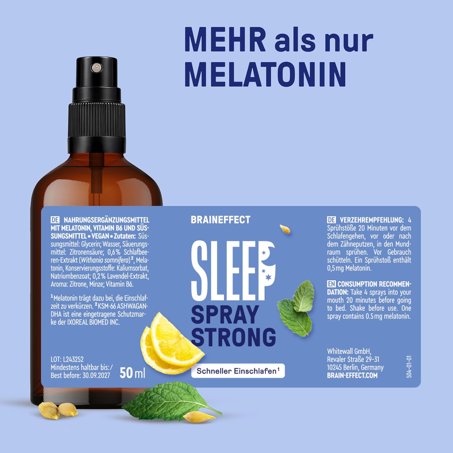 Schlaf-Magnesium mit Melatonin – Natürlich einschlafen & durchschlafen – BRAINEFFECT Sleep Spray Strong The Original - Melatonin Spray High Dose - 450 Days Supply Sleep Spray - with Mint, Lemon, Lavender and Ashwagandha, Sugar-Free, Alcohol-Free – Bild 5