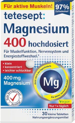 Magnesium 600 mg – tetesept Magnesium 400 - Dietary Supplement for Muscles, Heart & Nerves - Very Easy to Swallow Due to Small Tablet Size