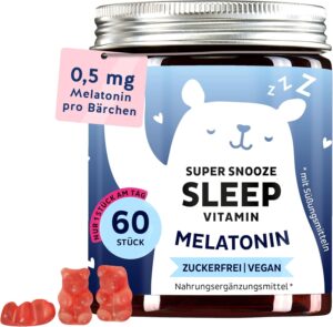 Schlaf-Magnesium mit Melatonin – Natürlich einschlafen & durchschlafen – Super Snooze Sleep Vitamin - Natural Sleep - Melatonin 0.5 mg Gummy Bears - With Melatonin & Vitamin B6 - 60 Pieces (2 Month Supply) - Sugar Free, Vegan - Bears with Benefits