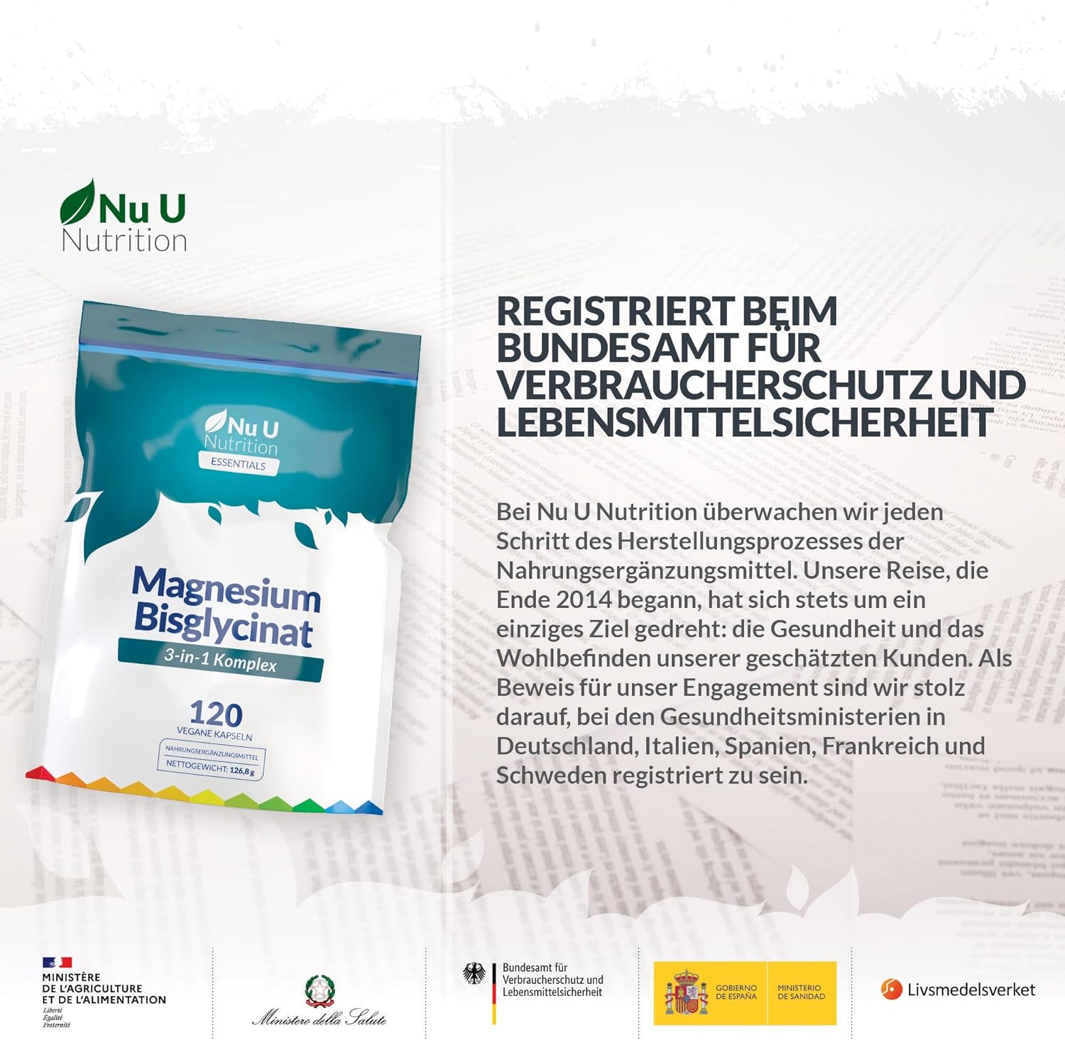 Magnesium Komplex mit B6 & Zink – Magnesium Glycinate 3-in-1 Complex 1813 mg - 120 Vegan Capsules - Triple High Absorption Bisglycinate, Citrate & Malate - 384 mg Elemental Magnesium - Nu U Nutrition – Bild 8