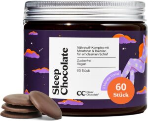 Schlaf-Magnesium mit Melatonin – Natürlich einschlafen & durchschlafen – Sleep Chocolate with Melatonin + Valerian for Shortened Sleep Time, Sugar-Free, Vegan, Pack of 60, Made in Germany, Clever Chocolate