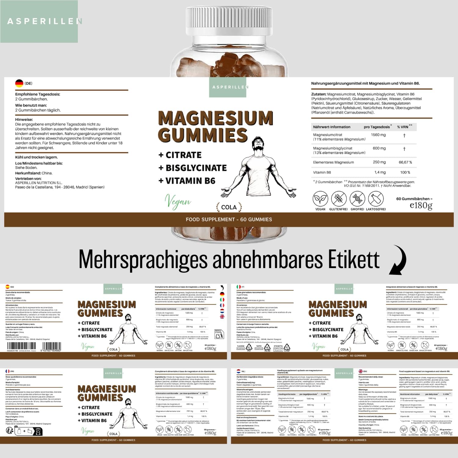 Magnesium Komplex mit B6 & Zink – Magnesium Complex Gummy Bears - Magnesium Citrate 1560 mg + Magnesium Bisglycinate 600 mg (of which 250 mg Elementary Magnesium) - High Bioavailability with Vitamin B6 - Vegan, 60 Gummies, Colage – Bild 7