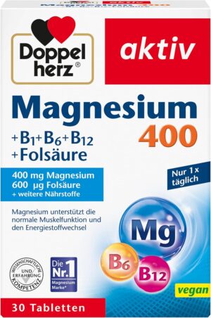 Magnesium 600 mg – Doppelherz Magnesium 400 + B1 + B6 + B12 + Folic Acid, Magnesium Supports Normal Muscle Function and Energy Metabolism, 30 Vegan Tablets