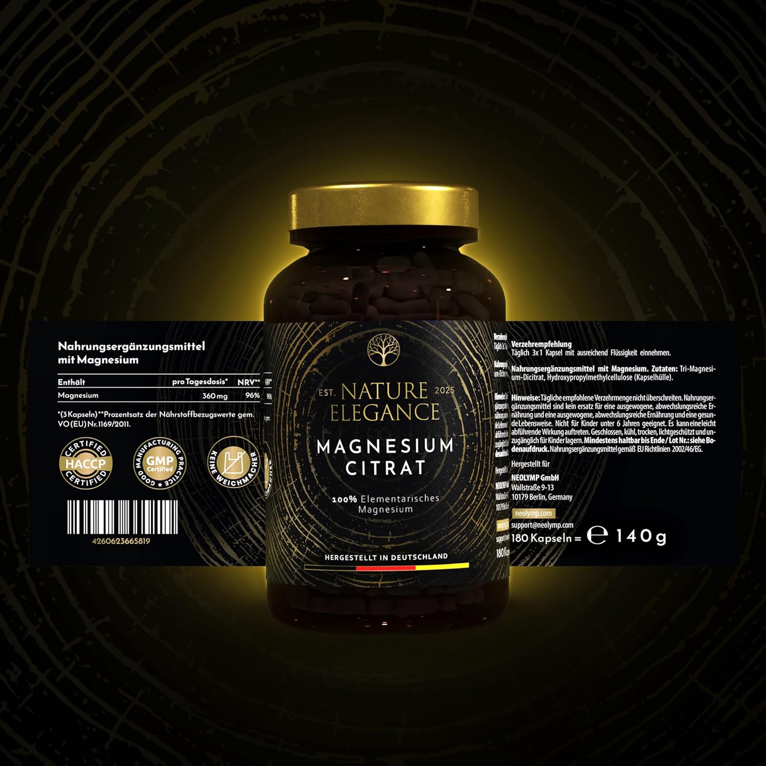 Schlaf-Magnesium mit Melatonin – Natürlich einschlafen & durchschlafen – NEOLYMP Magnesium Citrate Capsules High Dose - 360 mg Elementary Magnesium per Dose - Produced in Germany - Vegan, Laboratory Tested & Sustainable Brown Glass (Magnesium Citrate 180 Capsules) – Bild 9