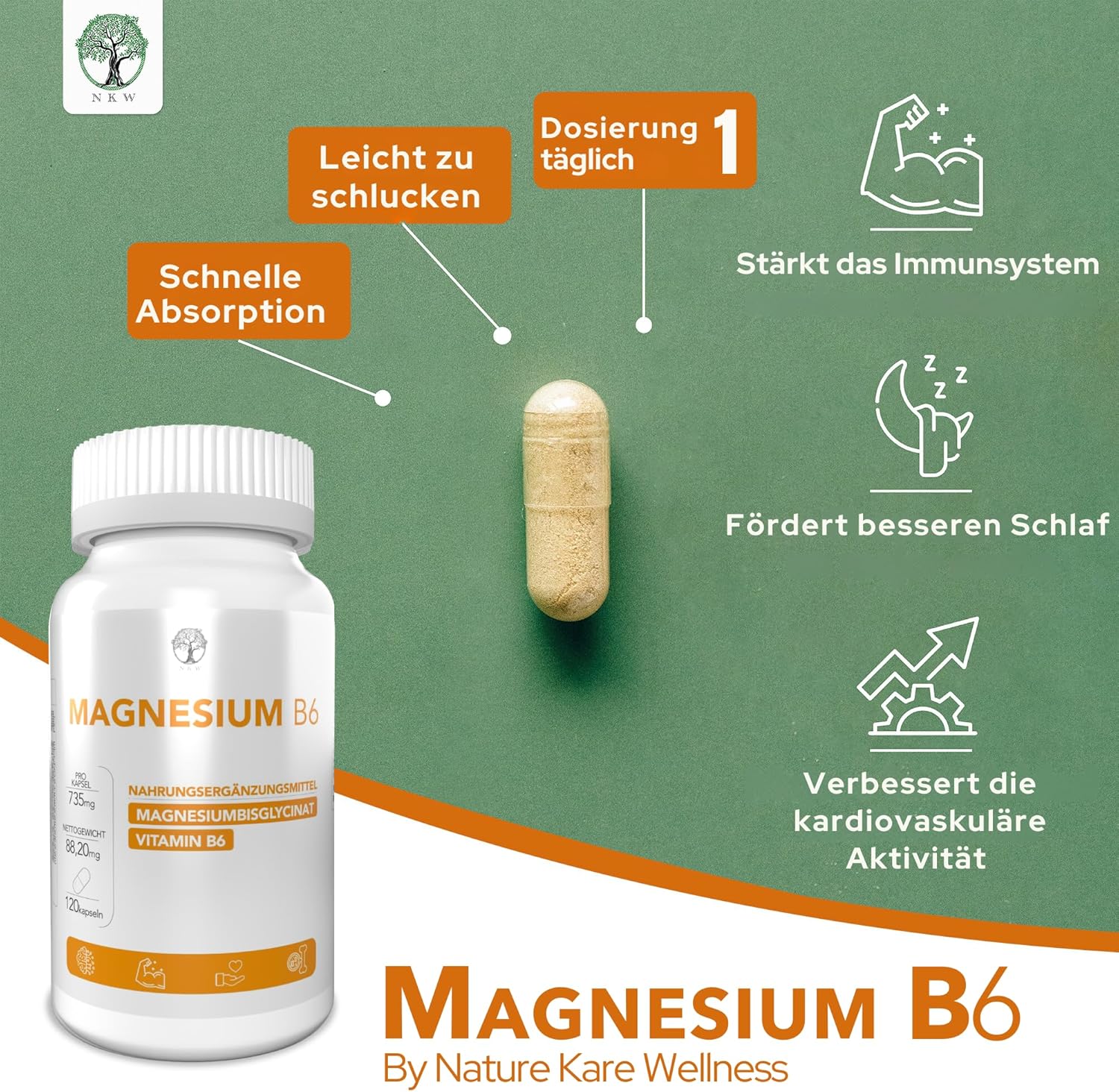 Magnesium 400 mg – Magnesium Bisglycinate Capsules + Vitamin B6 Magnesium Bisglycinate 400 mg Complex Magnesium High Dose Capsules Natural Elements – Bild 5