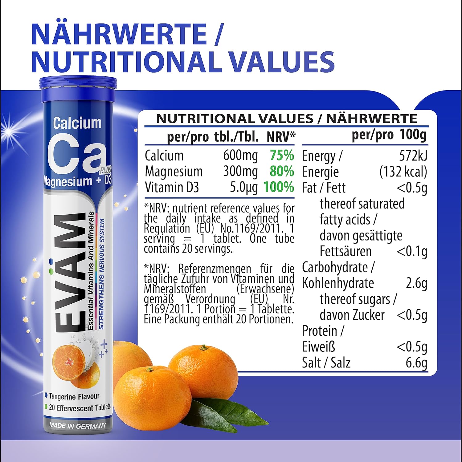 Magnesium 600 mg – Calcium Magnesium D3 Effervescent Tablets, Mandarin Flavour, 3 x 15 Pieces, Dietary Supplement to Support Bones and Muscles, Suitable for Vegetarians, Made in Germany – Bild 3