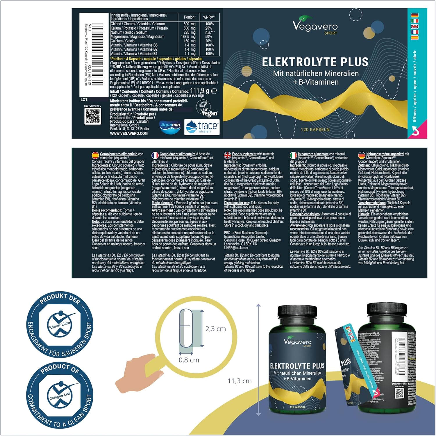 Magnesium Komplex mit B6 & Zink – Electrolyte Plus 1872 mg | Magnesium, Calcium, Potassium, Sodium, Chloride + B Vitamins | Natural Sources: ConcenTrace & Aquamine | Vegan & No Additives | Vegavero | 120 Capsules