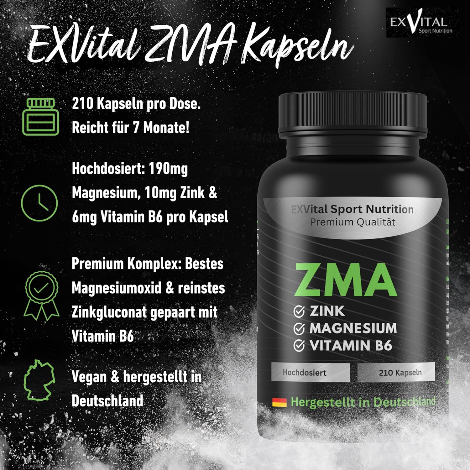Magnesium Komplex mit B6 & Zink – ZMA Giga Caps, Magnesium, Zinc & Vitamin B6 Complex - 210 Capsules, 190 mg Magnesium per Capsule, Immune System, Electrolytes & Muscle Function, Vegan & Laboratory Tested – Bild 2
