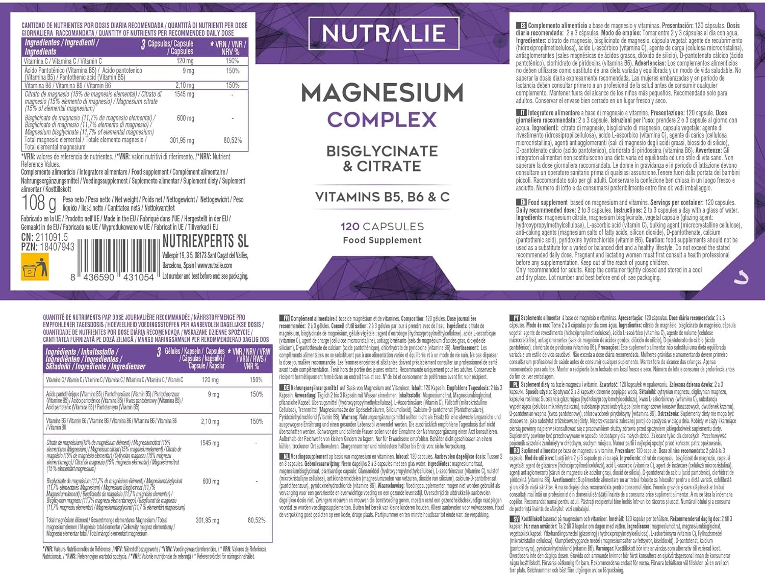 Magnesium Komplex mit B6 & Zink – Nutralie Magnesium and Vitamin B5, B6 and C – Magnesium Bisglycinate and Magnesium Citrate 100% Bioavailability – 120 Capsules, 108 g – Bild 6