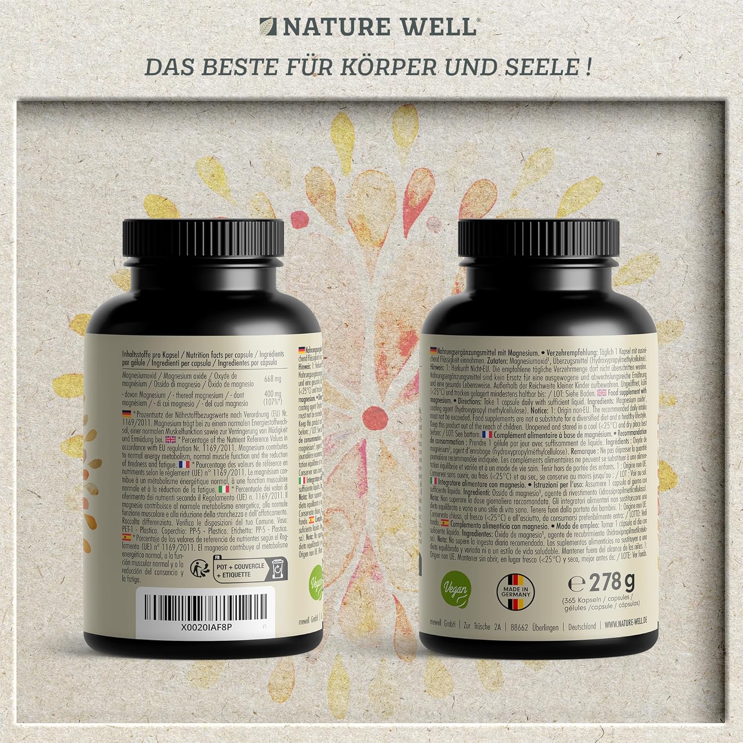 Magnesium 600 mg – Magnesium Capsules 365x - 668mg Magnesium Oxide, of which 400mg Magnesium per Capsule - Very High Magnesium Content (60%) - Laboratory Tested with Certificate - 100% Vegan - Supply for a Full Year – Bild 6
