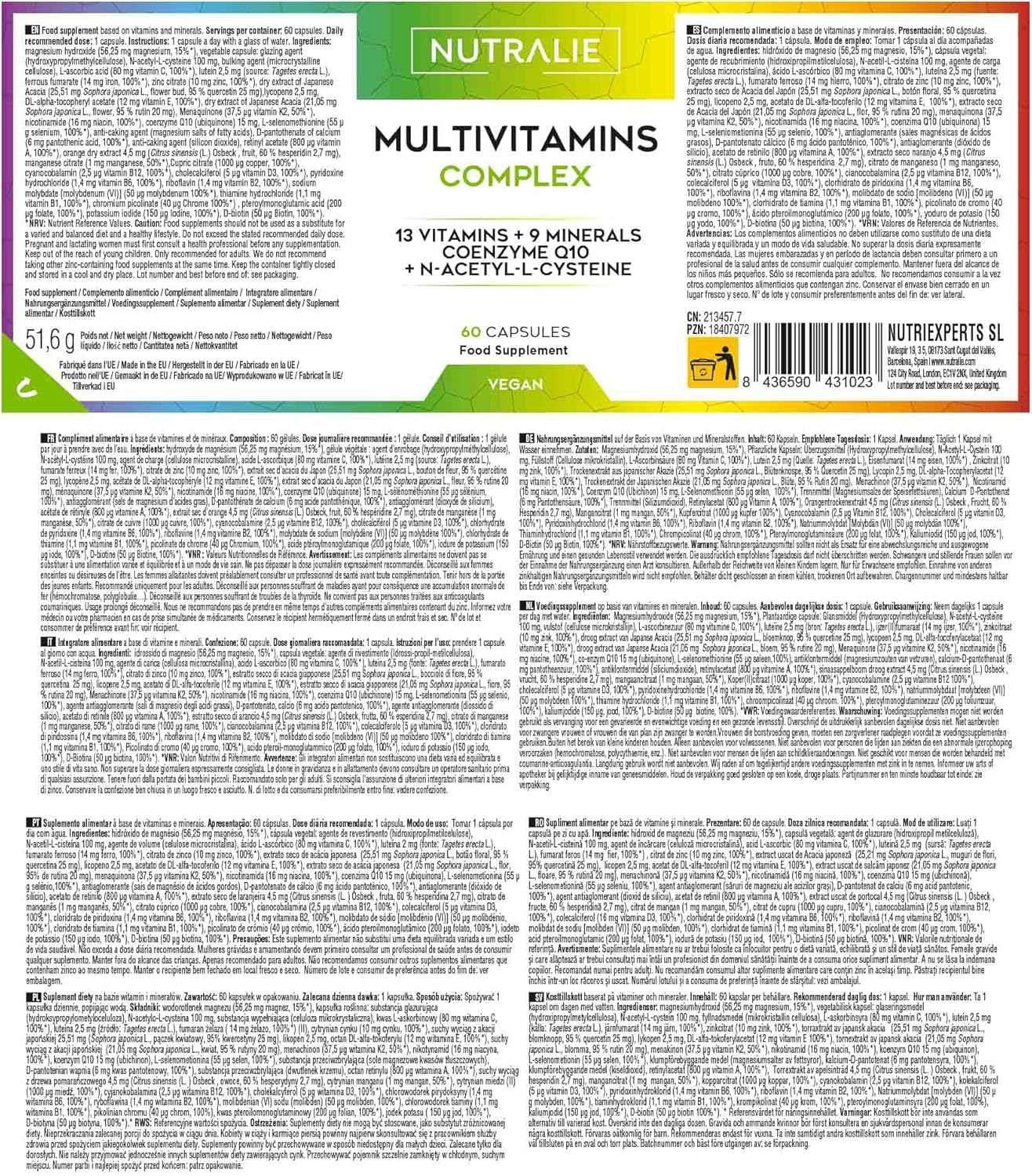 Magnesium Komplex mit B6 & Zink – Nutralie Multivitamin Capsules 29 Essential Nutrients, Vitamins A, B, C, D, E, K, Biotin, L-Cystein, Coenzyme Q10 and 9 Minerals, Multivitamin Complex 60 Capsules – Bild 6