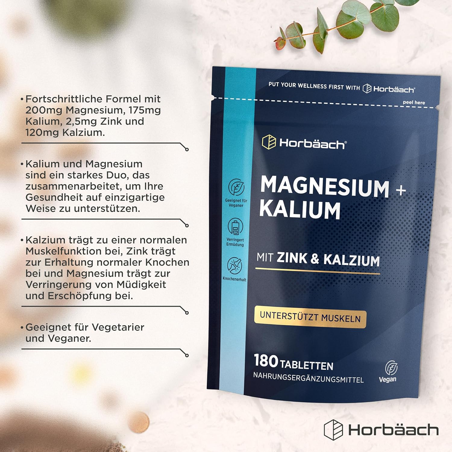 Magnesium Komplex mit B6 & Zink – Horbaach Magnesium Potassium Complex with Calcium Zinc, 6 Months Supply, 180 Vegan Tablets, High Dose, Base Powder Tablets – Bild 2