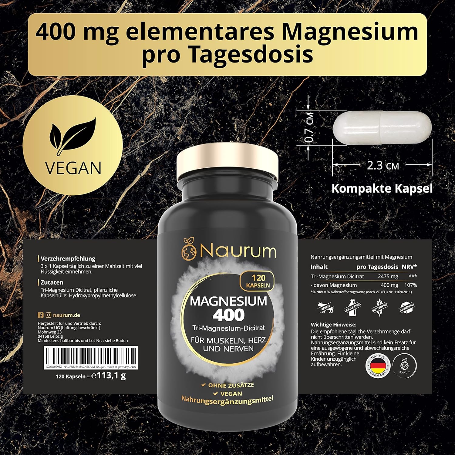 Magnesium 400 mg – Magnesium 400 - 120 vegan high dose capsules - 400 mg pure elementary magnesium - tri-magnesium dicitrate instead of magnesium citrate - laboratory tested, produced in Germany – Bild 5