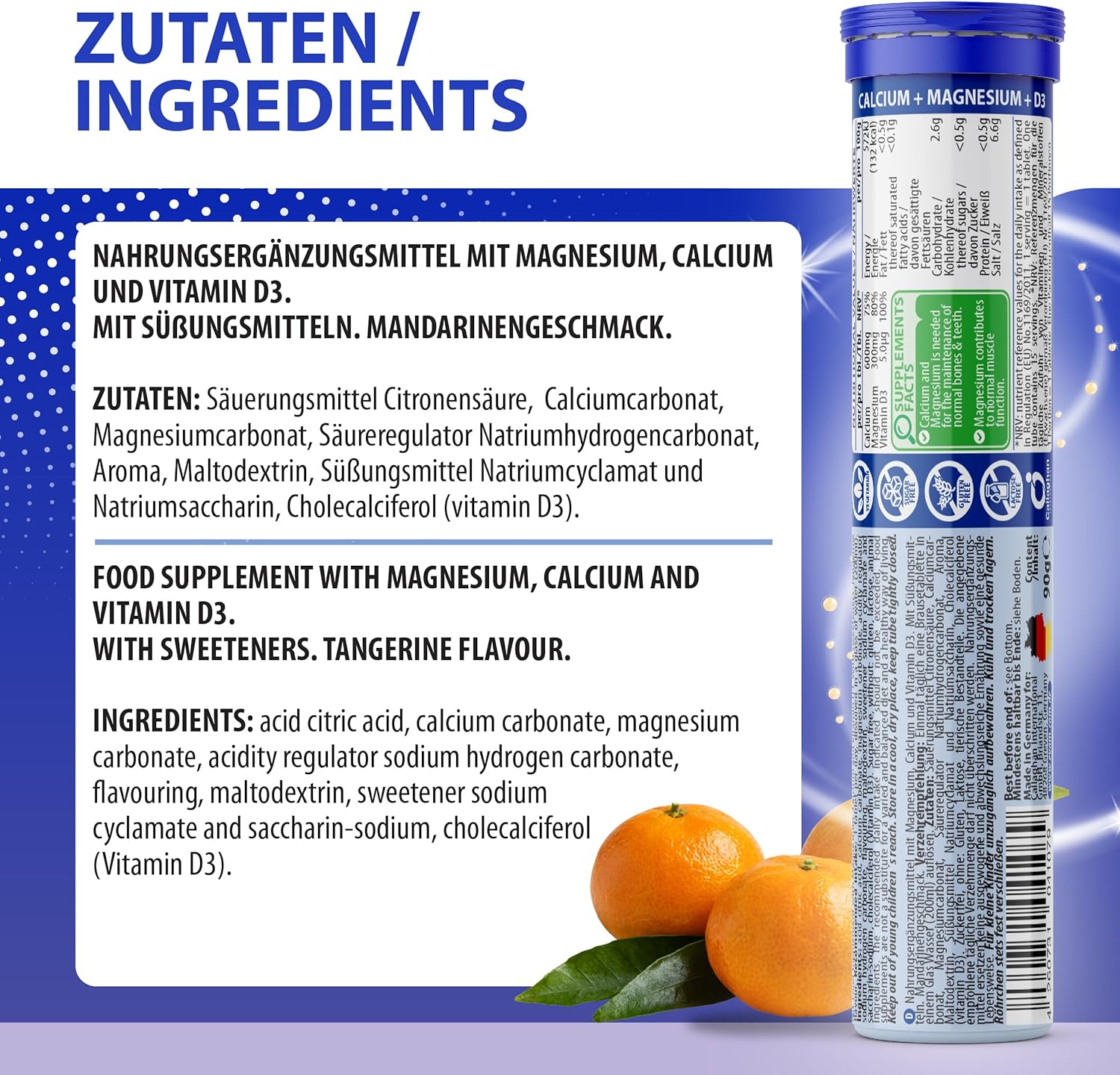 Magnesium 600 mg – Calcium Magnesium D3 Effervescent Tablets, Mandarin Flavour, 3 x 15 Pieces, Dietary Supplement to Support Bones and Muscles, Suitable for Vegetarians, Made in Germany – Bild 2
