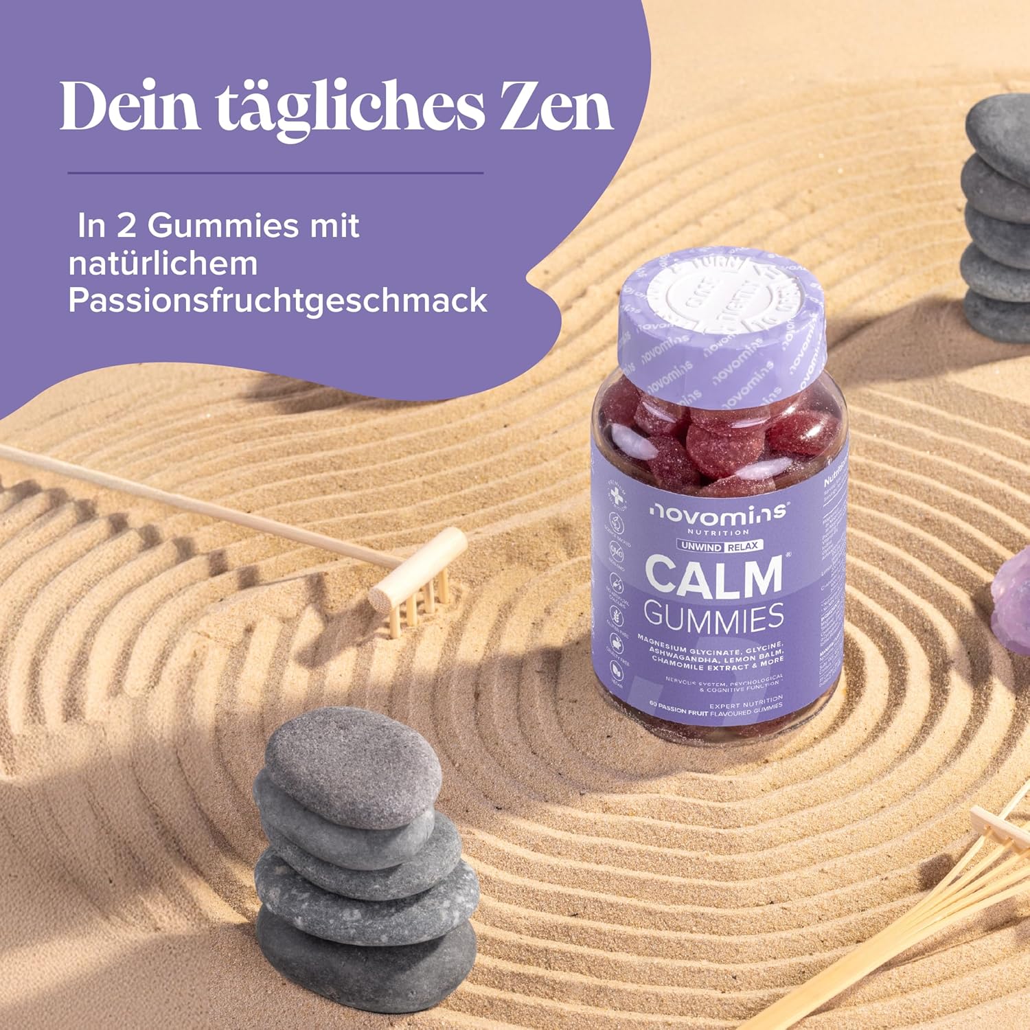 Magnesium Komplex mit B6 & Zink – Calm Gummis mit Magnesiumglycinat – Mit Ashwagandha, Glycin, Zitronenmelisse, Kamille, Vitamin B12 & Jod – Zur Beruhigung & mentalen Balance – 60 Stück – Novomins – Bild 3