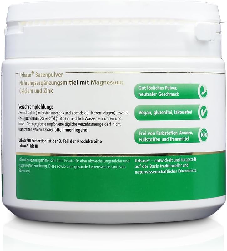 Magnesium Komplex mit B6 & Zink – Laetitia Original Urbase III Protection Building Base Mineral Powder: Dietary Supplement with Magnesium, Calcium, Zinc, Silica - Base Fasting - Vegan 200 g Tin – Bild 3