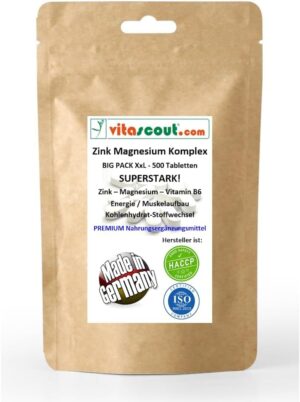 Magnesium Komplex mit B6 & Zink โ Zinc Magnesium Vitamin B6-500 Tablets High Dose - Laboratory Tested - Made in Germany - Vegan - High-Quality Complex - Testosterone, Energy, Muscles, Regeneration, Metabolism
