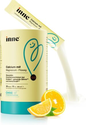 Magnesium Komplex mit B6 & Zink โ inne Calcium with Magnesium Liquid - from 3 Years - Vitamin D3 K2 Immune System Strengthen Children - Dietary Supplement Children's Vitamins - Immune Kids - with Zinc - Orange Flavour (30 Bags x 10 ml