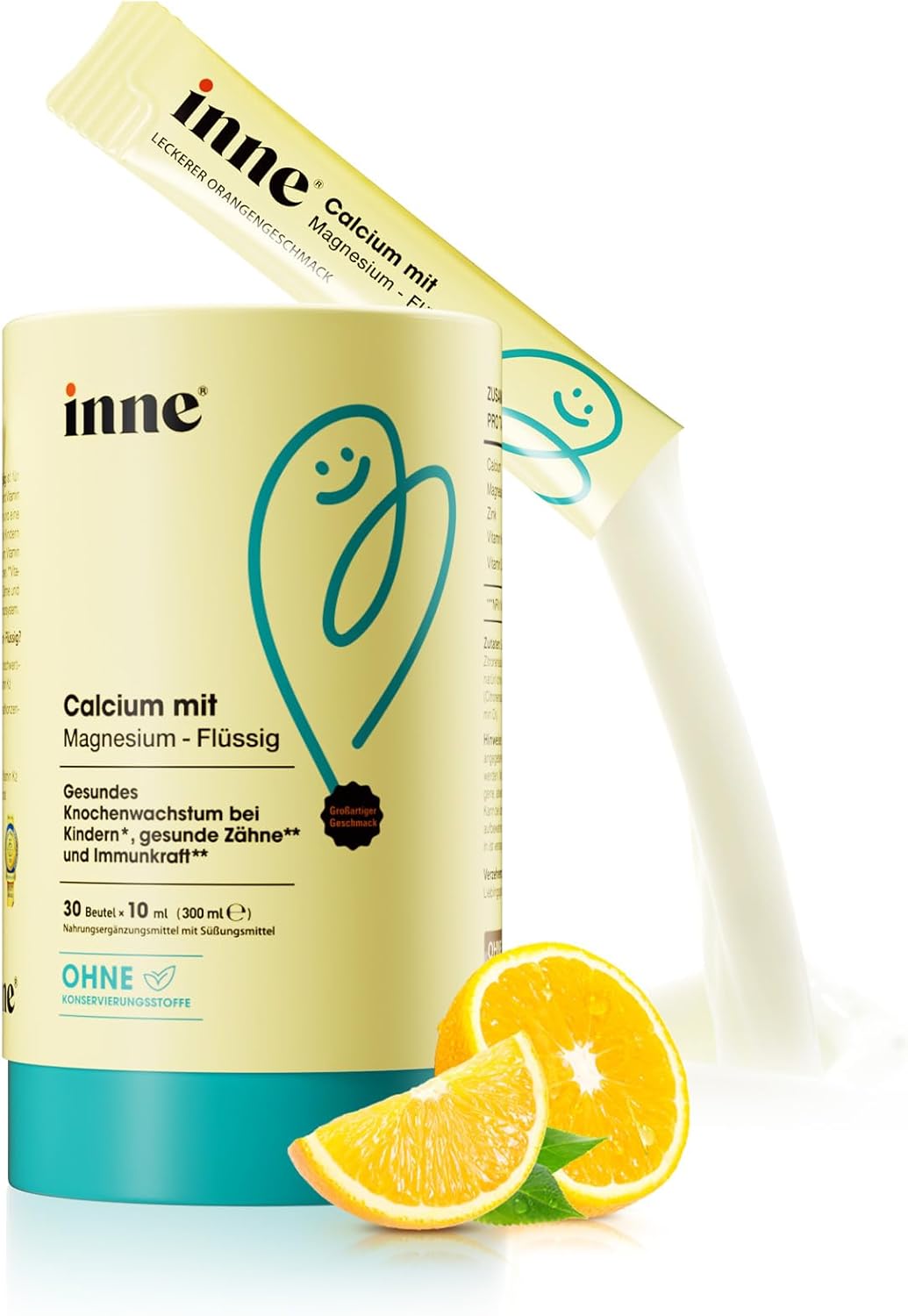 Magnesium Komplex mit B6 & Zink – inne Calcium with Magnesium Liquid - from 3 Years - Vitamin D3 K2 Immune System Strengthen Children - Dietary Supplement Children's Vitamins - Immune Kids - with Zinc - Orange Flavour (30 Bags x 10 ml