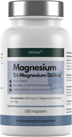 Magnesium 400 mg – EXVital Tri-Magnesium Dicitrate 2010 mg Magnesium Citrate, 322 mg Elementary Magnesium per Daily Dose Highly Concentrated 180 Capsules Premium Quality No Magnesium Stearate Vegan Pack of 1 (156 g)