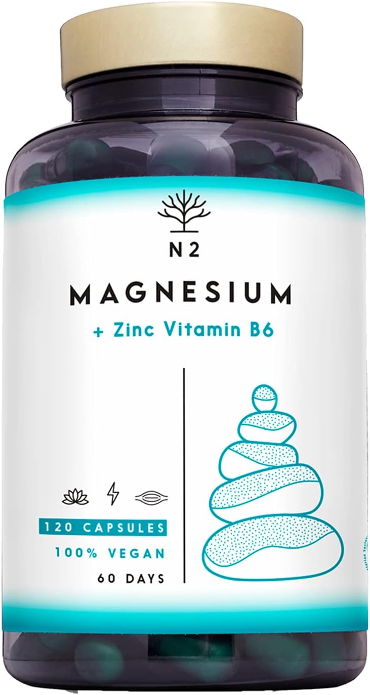 Magnesium Komplex mit B6 & Zink – Magnesium High Dose Capsules Zinc Vitamin B6 Complex | Muscle Function, Energy, Reduced Fatigue | Sleep Supplement | Highly Bioavailable. 120 Capsules. Vegan. EU N2 Natural Nutrition