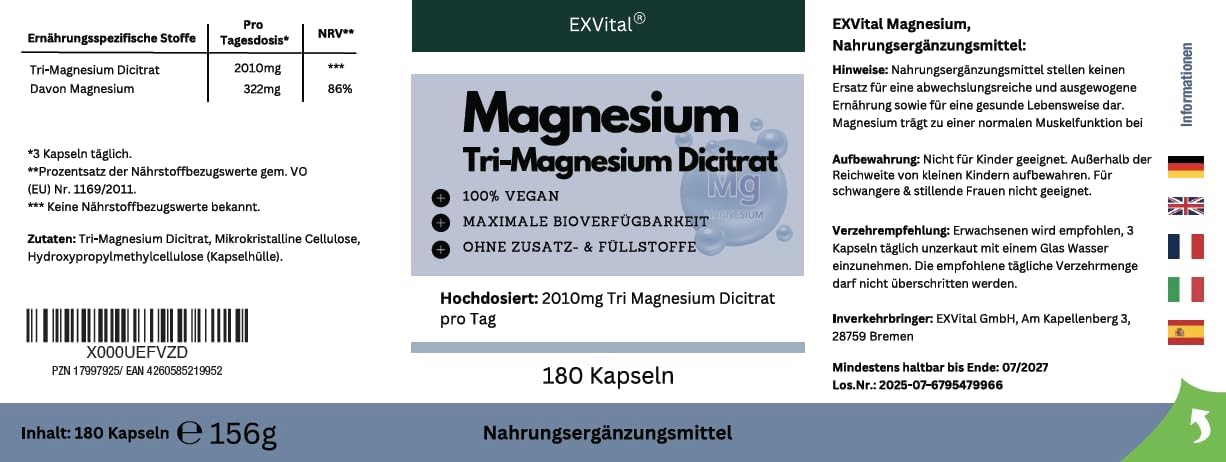 Magnesium 400 mg – EXVital Tri-Magnesium Dicitrate 2010 mg Magnesium Citrate, 322 mg Elementary Magnesium per Daily Dose Highly Concentrated 180 Capsules Premium Quality No Magnesium Stearate Vegan Pack of 1 (156 g) – Bild 8