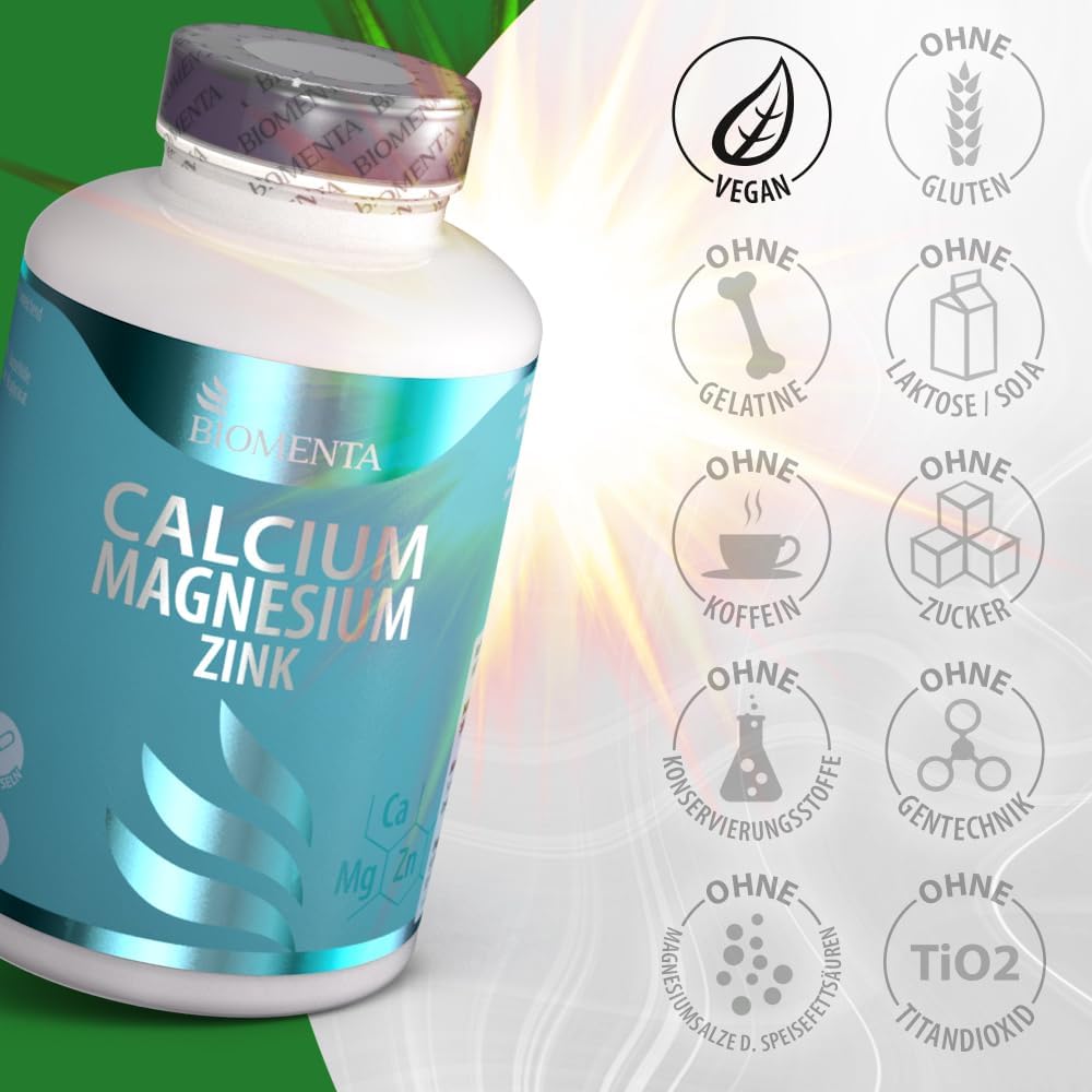Magnesium Komplex mit B6 & Zink – Biomenta Calcium + Magnesium + Zinc - 180 Capsules - 2 Monthly Treatment – Bild 4