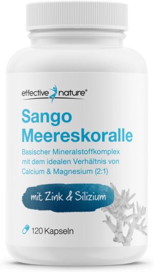 Magnesium Komplex mit B6 & Zink โ effective nature - Sango sea coral + zinc and silicon - 120 vegan capsules - with calcium and magnesium in the ideal ratio - high dose and without additives